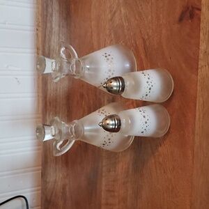 2 ...6" Vintage Hazel Atlas Glass  Cruets with matching salt and pepper shakers.